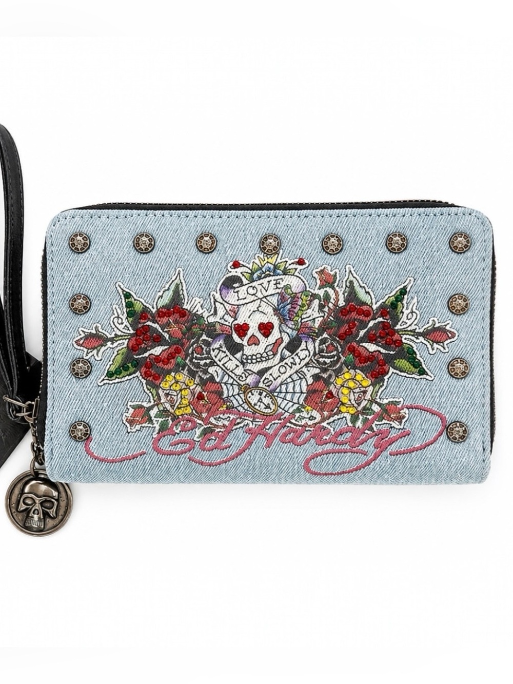 Ed Hardy Light Blue Denim Double Zip Wristlet Wallet Embroidered Skull & Rose